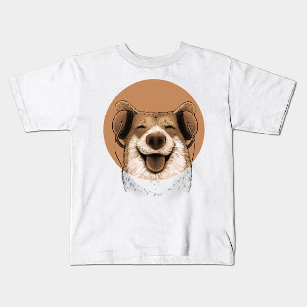 Happy Smiling face Pup with Headphone Music Kids T-Shirt by Chewbarber